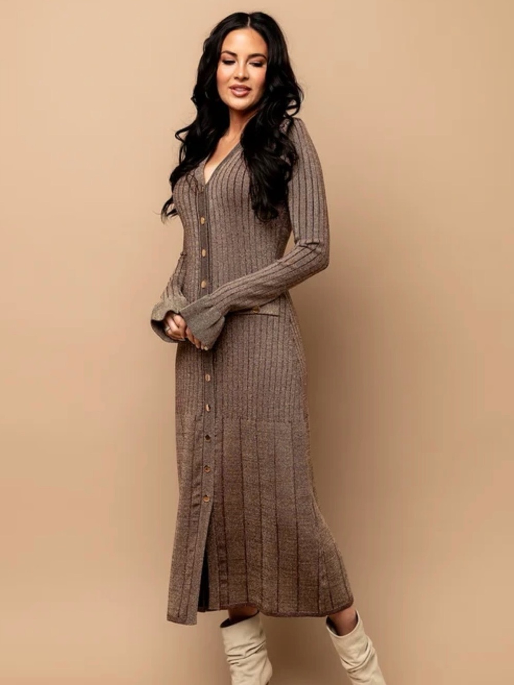 Rachel Parcell Taupe Ribbed Button-Front Maxi Dress